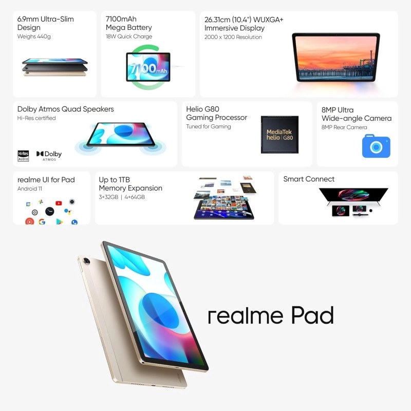 realme Pad WiFi+4G Tablet | 6GB RAM 128GB ROM (Expandable) | 26.4cm (10.4 inch) WUXGA+ Display | 7100 mAh Battery | Dolby Atmos Quad Speaker | Golden Colour