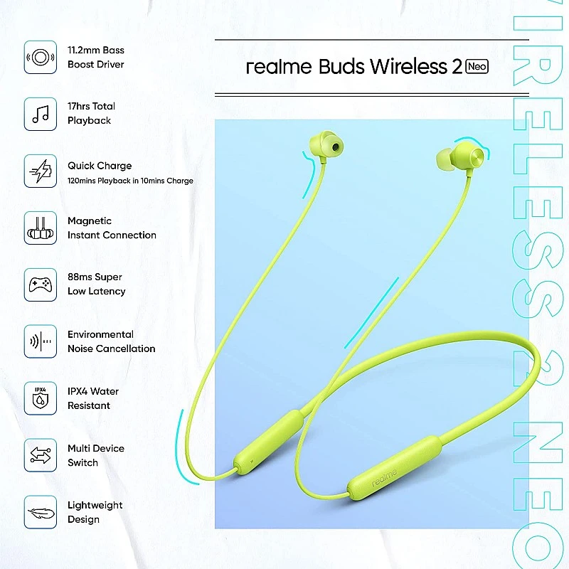 Realme Buds Wireless 2 Neo Bluetooth in Ear Earphones with Mic Green Realme Buds Wireless 2 Neo Bluetooth in Ear Earphones with Mic Green