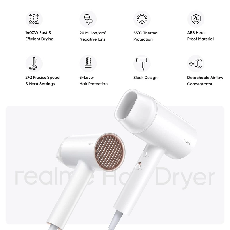 Realme hair dryer 1400watts with ionic technology dual temperature speed settings white Realme hair dryer 1400watts with ionic technology dual temperature speed settings white
