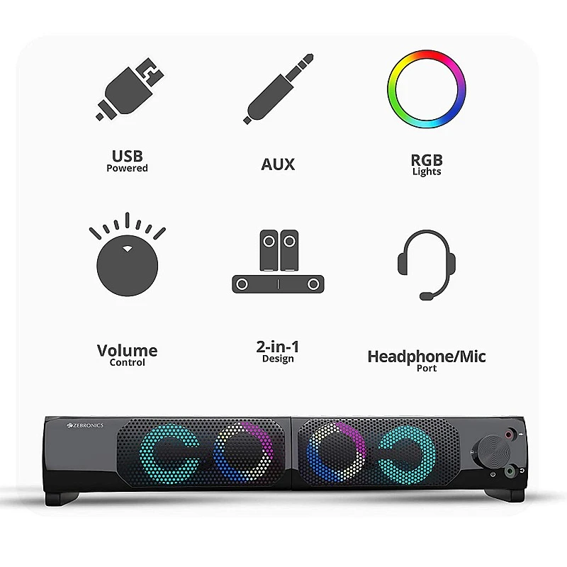 Zebronics Zeb Wonderbar 10 USB Powered 2.0 Computer Speaker with RGB Lights Zebronics Zeb Wonderbar 10 USB Powered 2.0 Computer Speaker with RGB Lights