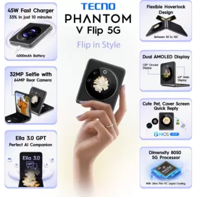 Tecno Phantom V Flip 5G (Iconic Black 8 GB RAM) 256 GB Storage