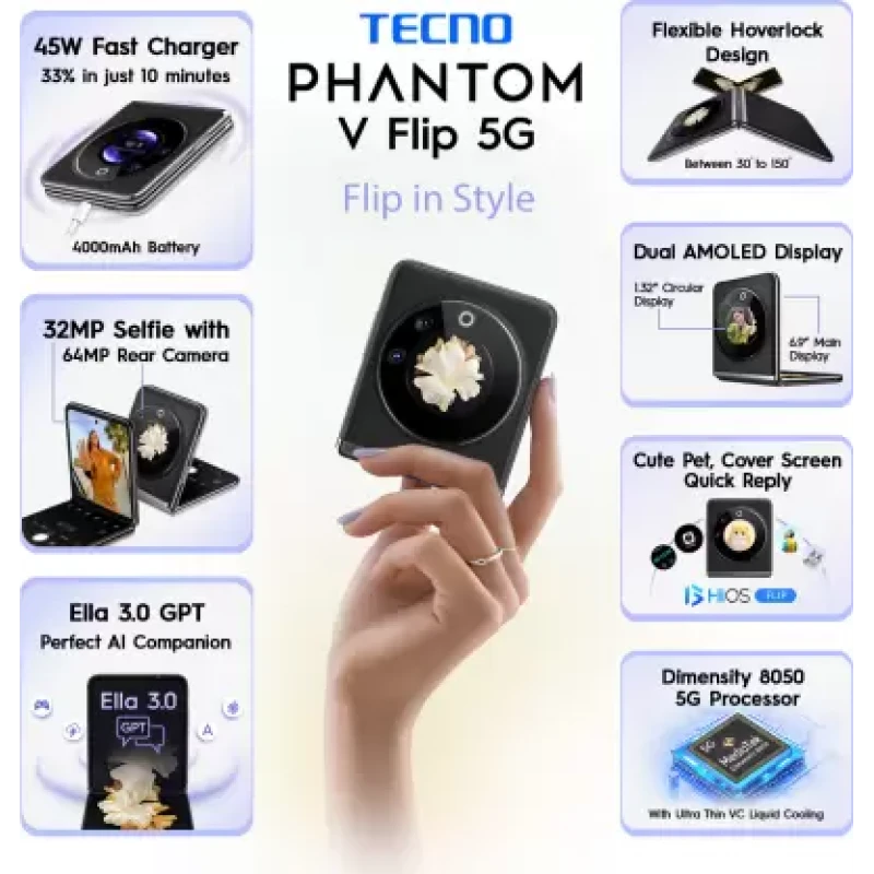 Tecno Phantom V Flip 5G (Iconic Black 8 GB RAM) 256 GB Storage Tecno Phantom V Flip 5G (Iconic Black 8 GB RAM) 256 GB Storage