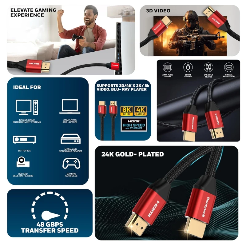 Honeywell 8K Ultra High Speed HDMI Ver 2.1 Cable with ethernet-2M Honeywell 8K Ultra High Speed HDMI Ver 2.1 Cable with ethernet-2M
