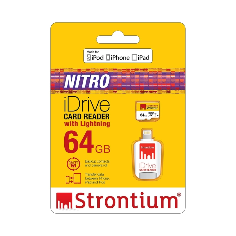 Strontium Nitro iDrive Card Reader (White, with Strontium Nitro 64GB UHS-I Class 10 MicroSD Card 