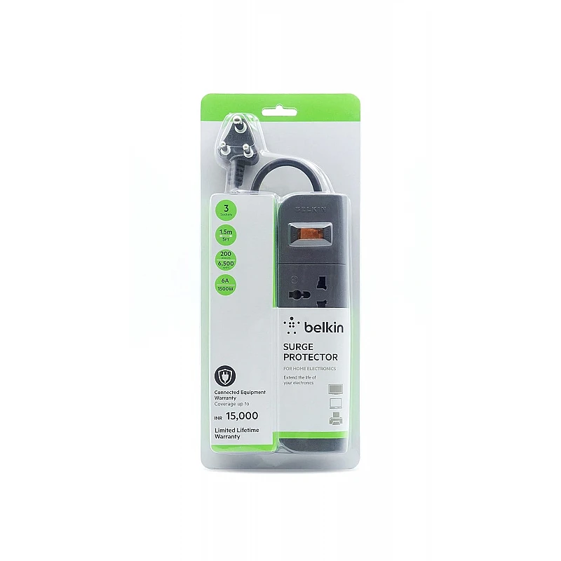 Belkin Essential Series 3-Socket Surge Protector Universal Socket with 5ft Heavy Duty Cable (Grey) Belkin Essential Series 3-Socket Surge Protector Universal Socket with 5ft Heavy Duty Cable (Grey)