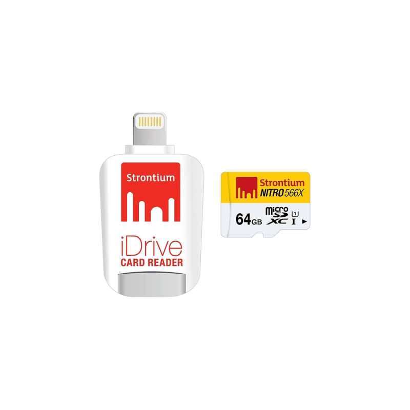 Strontium Nitro iDrive Card Reader (White, with Strontium Nitro 64GB UHS-I Class 10 MicroSD Card 