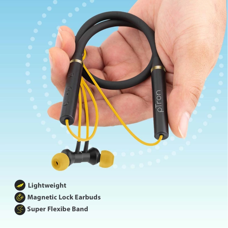 PTron Tangent Beats neckband Bluetooth Headset (Yellow, Black, In the Ear)