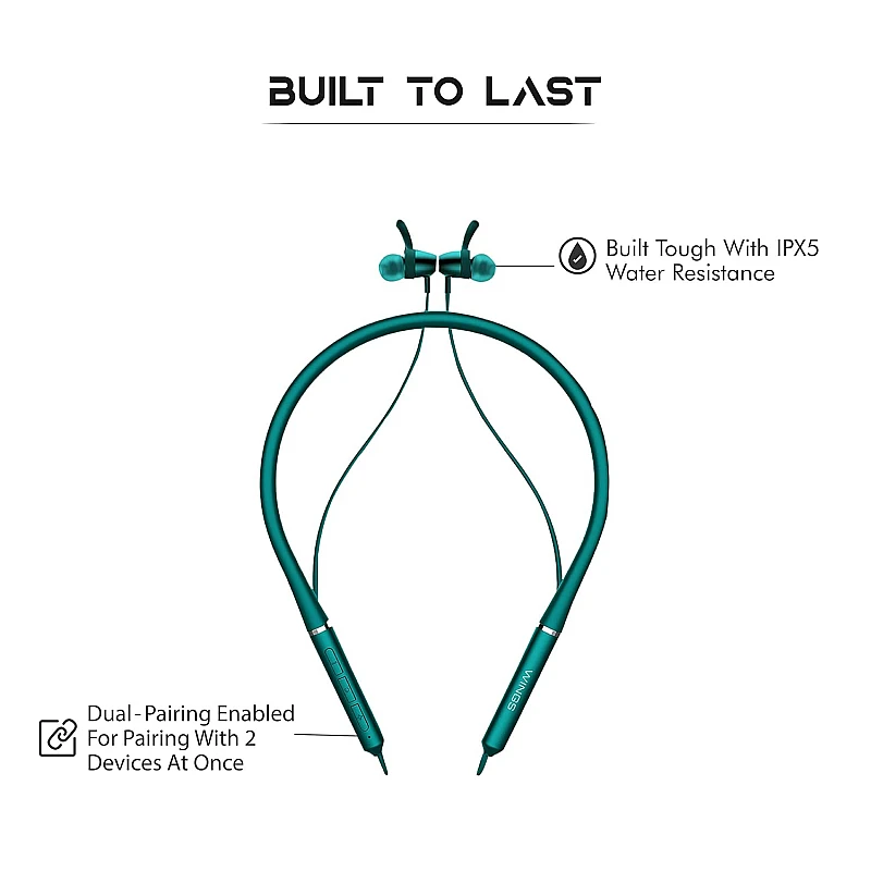 Wings Elevate, Smooth Silicon Neckband, Bluetooth 5.0 Wireless in Ear Earphones with Mic Teal Wings Elevate, Smooth Silicon Neckband, Bluetooth 5.0 Wireless in Ear Earphones with Mic Teal
