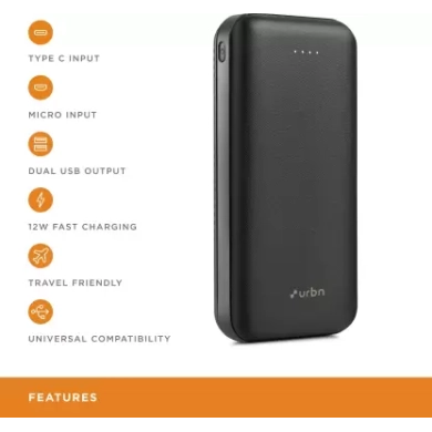 URBN 20000mAh Li-Polymer Ultra Compact Type-C Power Bank with 12W Fast Charge, Type C and Micro Input (Black) URBN 20000mAh Li-Polymer Ultra Compact Type-C Power Bank with 12W Fast Charge, Type C and Micro Input (Black)