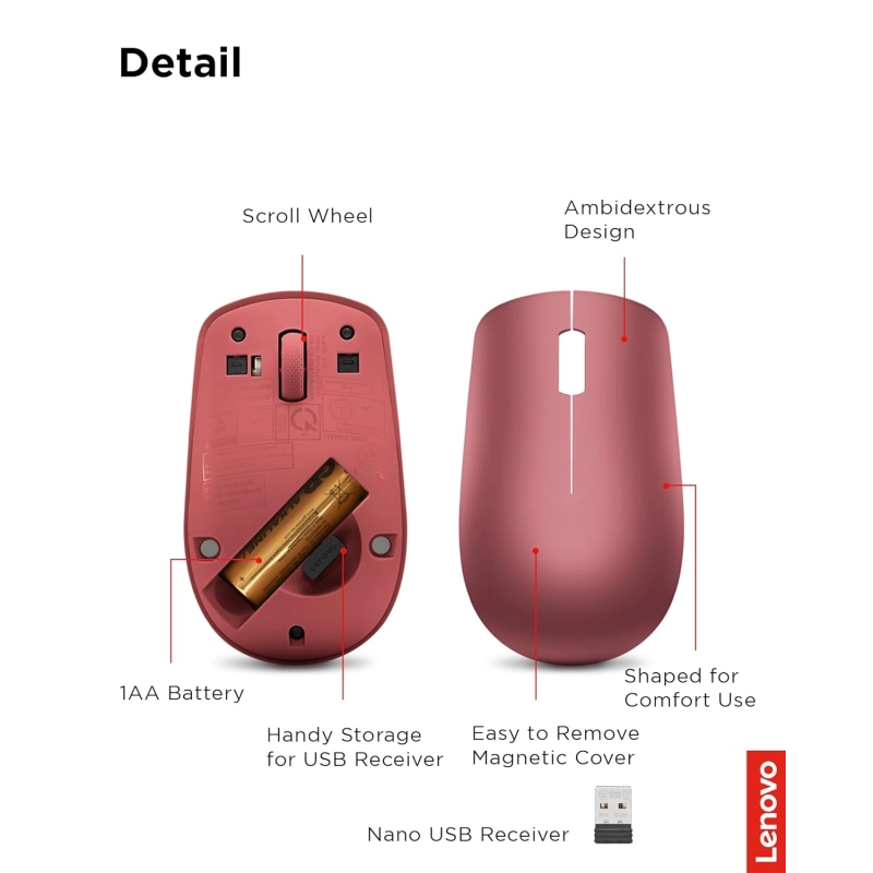 Lenovo 530 Wireless Mouse Ambidextrous, Ergonomic Mouse  (Cherry Red) 
