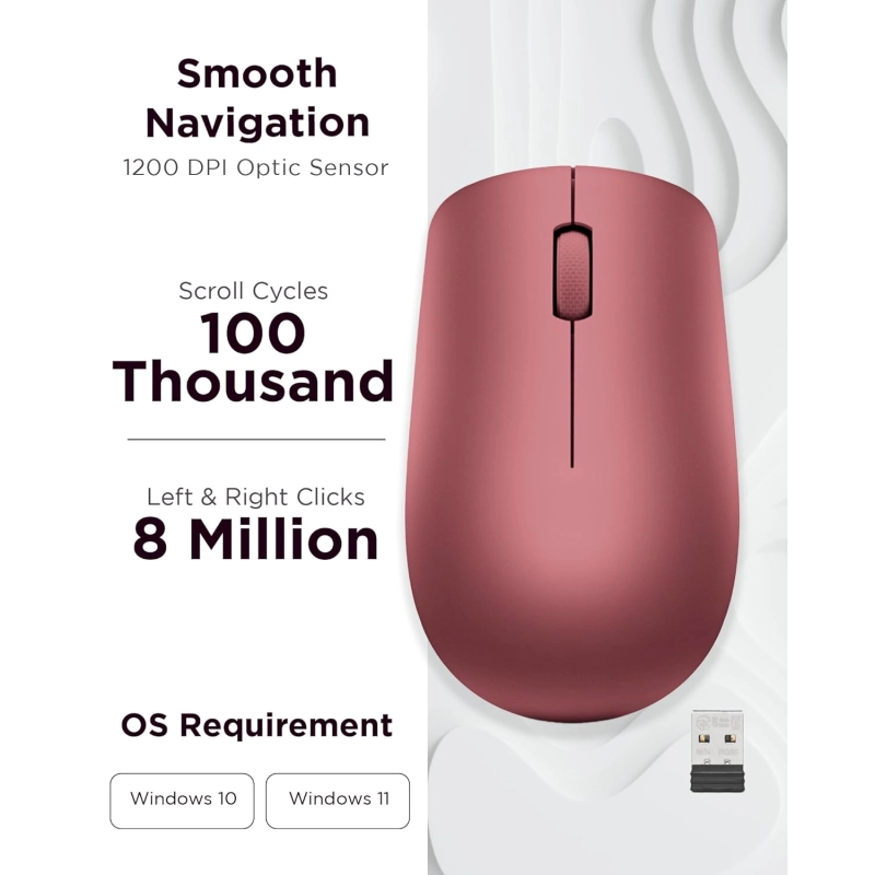 Lenovo 530 Wireless Mouse Ambidextrous, Ergonomic Mouse  (Cherry Red) 