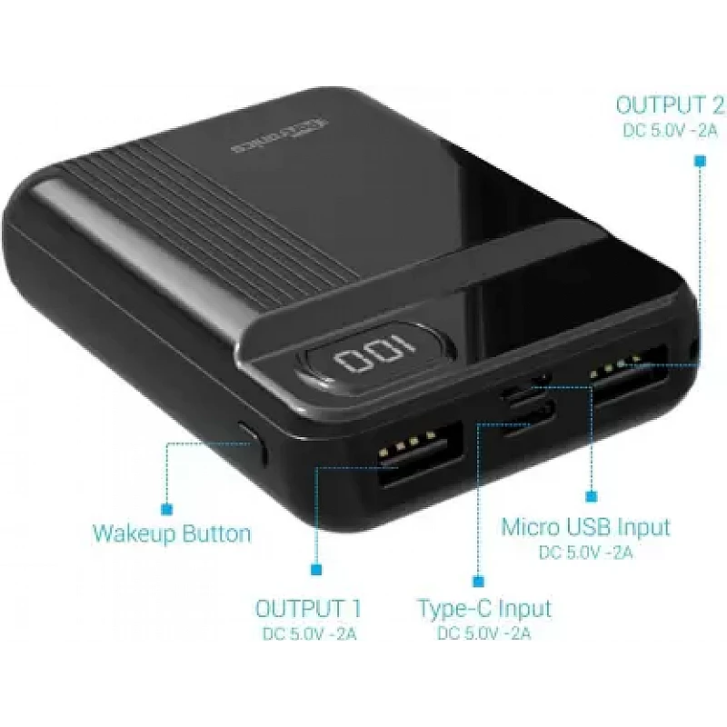 Portronics Indo 10D 10,000 mAh Power Bank Dual Input(Type C + Micro USB) and Dual Output with Display (Black) Portronics Indo 10D 10,000 mAh Power Bank Dual Input(Type C + Micro USB) and Dual Output with Display (Black)