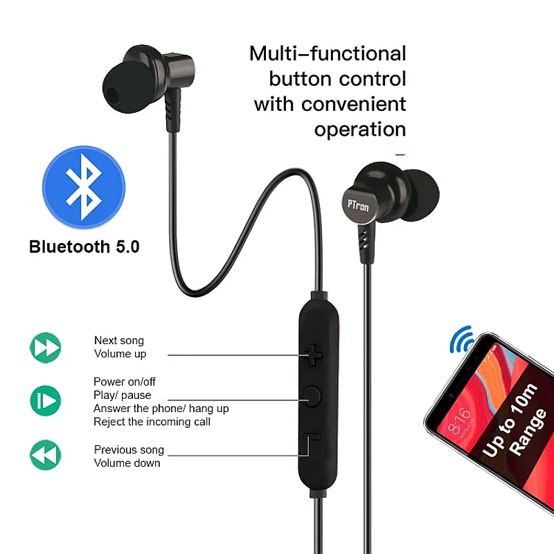 pTron Zap Magnetic in-Ear Wireless Bluetooth Headphones, 22 Hours Music Time & Built-in Mic - (Black) pTron Zap Magnetic in-Ear Wireless Bluetooth Headphones, 22 Hours Music Time & Built-in Mic - (Black)