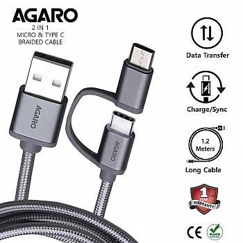 AGARO USBA to Micro Type C Nylon Braided 1.2M Cable