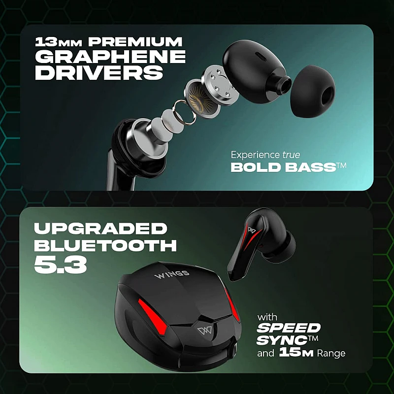 WINGS Phantom 540 Earbuds with 45 hrs Playtime, ENC Game Mode Bluetooth Gaming Headset (Black, True Wireless) WINGS Phantom 540 Earbuds with 45 hrs Playtime, ENC Game Mode Bluetooth Gaming Headset (Black, True Wireless)