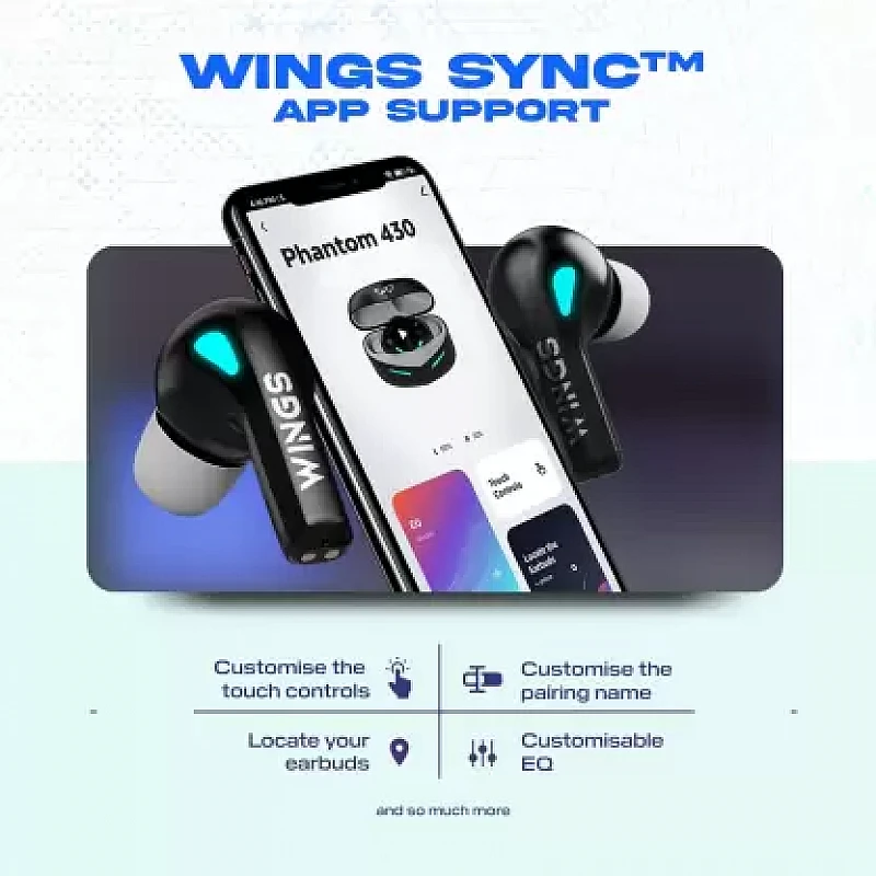 WINGS Phantom 430 with App Support, 40ms Low Latency , ENC, Upto 50hr Playtime Bluetooth Gaming Headset (Black, Grey, True Wireless) WINGS Phantom 430 with App Support, 40ms Low Latency , ENC, Upto 50hr Playtime Bluetooth Gaming Headset (Black, Grey, True Wireless)