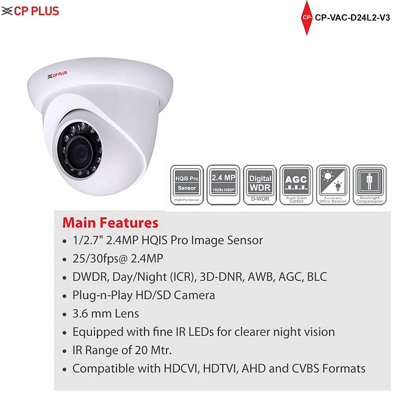 Cp Plus 2.4 Mp Indigo Full Hd Ir Bullet Camera - 20 Mtr Ir, Ip66 Cp Plus 2.4 Mp Indigo Full Hd Ir Bullet Camera - 20 Mtr Ir, Ip66