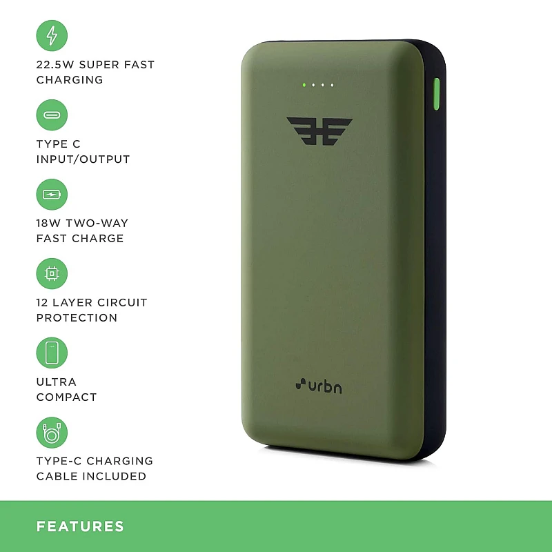 URBN 20000 mAh Lithium Polymer 22.5W Super Fast Charging Ultra Compact Power Bank with Quick Charge Power Delivery camo green URBN 20000 mAh Lithium Polymer 22.5W Super Fast Charging Ultra Compact Power Bank with Quick Charge Power Delivery camo green