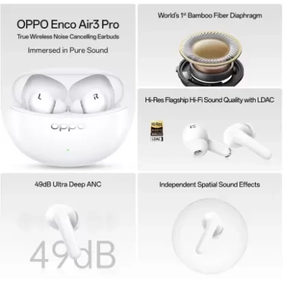 OPPO Enco Air3 Pro True Wireless in Ear Earbuds with Industry First Composite Bamboo Fiber 30H Playtime, 47ms Ultra Low Latency White