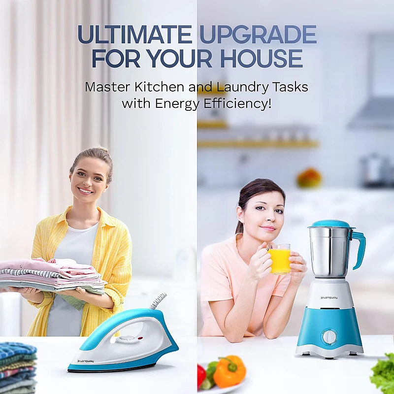 Longway Super Dlx 700 Watt Mixer Grinder with 3 Jars for Grinding, Mixing with Powerful 1100 Watt Dry Iron Blue and White Longway Super Dlx 700 Watt Mixer Grinder with 3 Jars for Grinding, Mixing with Powerful 1100 Watt Dry Iron Blue and White