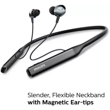PHILIPS TAPN505 Neckband Earphones with Active Noise Cancellation, Hi-Res Audio Bluetooth Headset Black