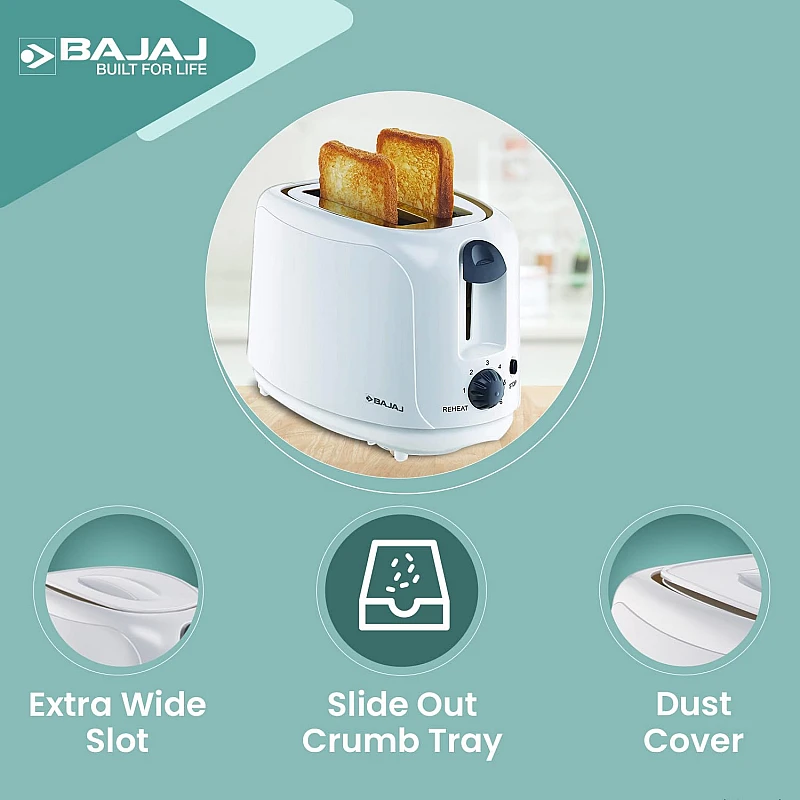 Bajaj ATX 4 750-Watt 2-Slice Pop-up Toaster Dust Cover Slide Out Crumb Tray 6-Level Browning Controls Mid-Cycle Cancel Feature White Electric Toaster Bajaj ATX 4 750-Watt 2-Slice Pop-up Toaster Dust Cover Slide Out Crumb Tray 6-Level Browning Controls Mid-Cycle Cancel Feature White Electric Toaster