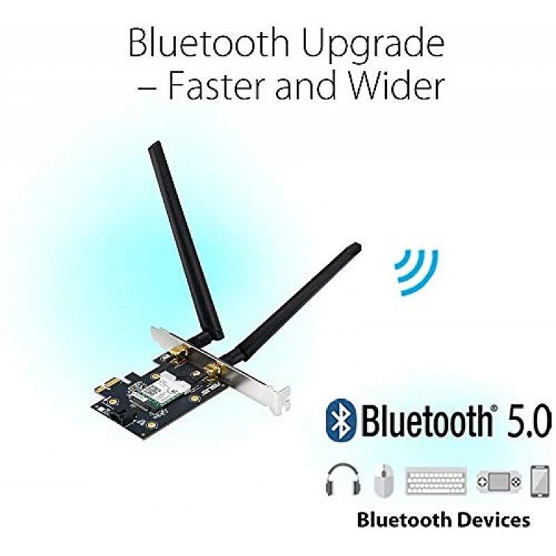 ASUS PCE-AX3000 Dual Band PCI-E WiFi 6 (802.11ax). Supporting 160MHz, Bluetooth 5.0, WPA3 Network Security ASUS PCE-AX3000 Dual Band PCI-E WiFi 6 (802.11ax). Supporting 160MHz, Bluetooth 5.0, WPA3 Network Security