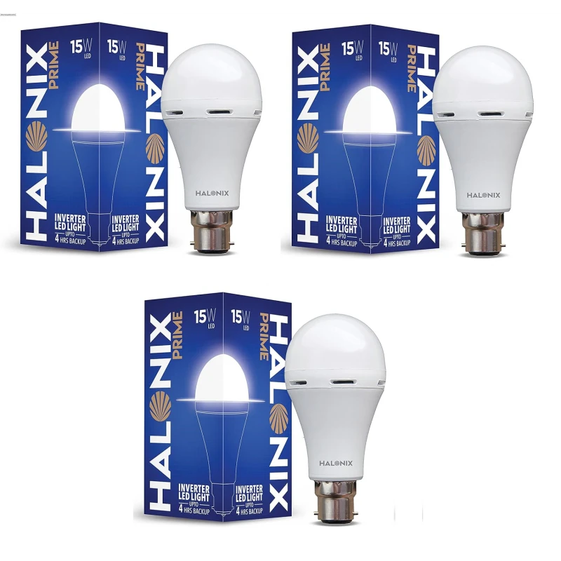 Halonix 8.5 Watt B22 LED White Rechargeable Emergency light Inverter Bulb, Pack of 3 White Halonix 8.5 Watt B22 LED White Rechargeable Emergency light Inverter Bulb, Pack of 3 White