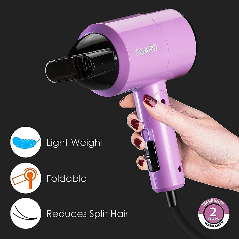 AGARO HD-1211 Hair Dryer 1100 Watts, 2 Heat Speed and Cool Mode, Foldable (Compact in Size) Purple AGARO HD-1211 Hair Dryer 1100 Watts, 2 Heat Speed and Cool Mode, Foldable (Compact in Size) Purple