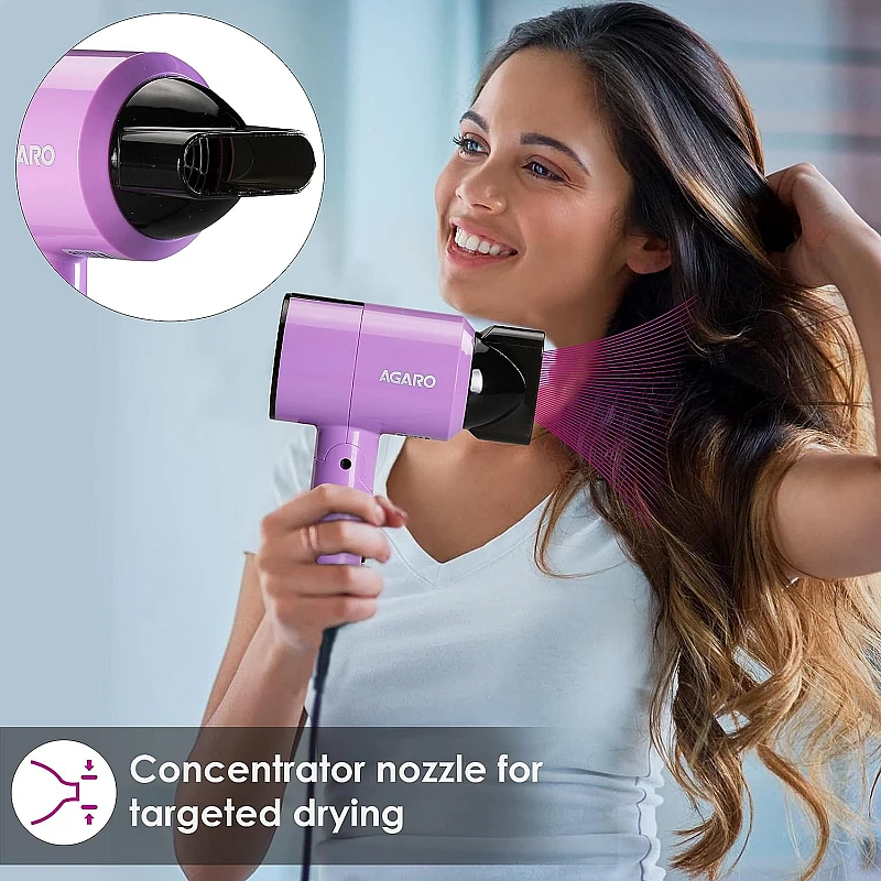 AGARO HD-1211 Hair Dryer 1100 Watts, 2 Heat Speed and Cool Mode, Foldable (Compact in Size) Purple AGARO HD-1211 Hair Dryer 1100 Watts, 2 Heat Speed and Cool Mode, Foldable (Compact in Size) Purple