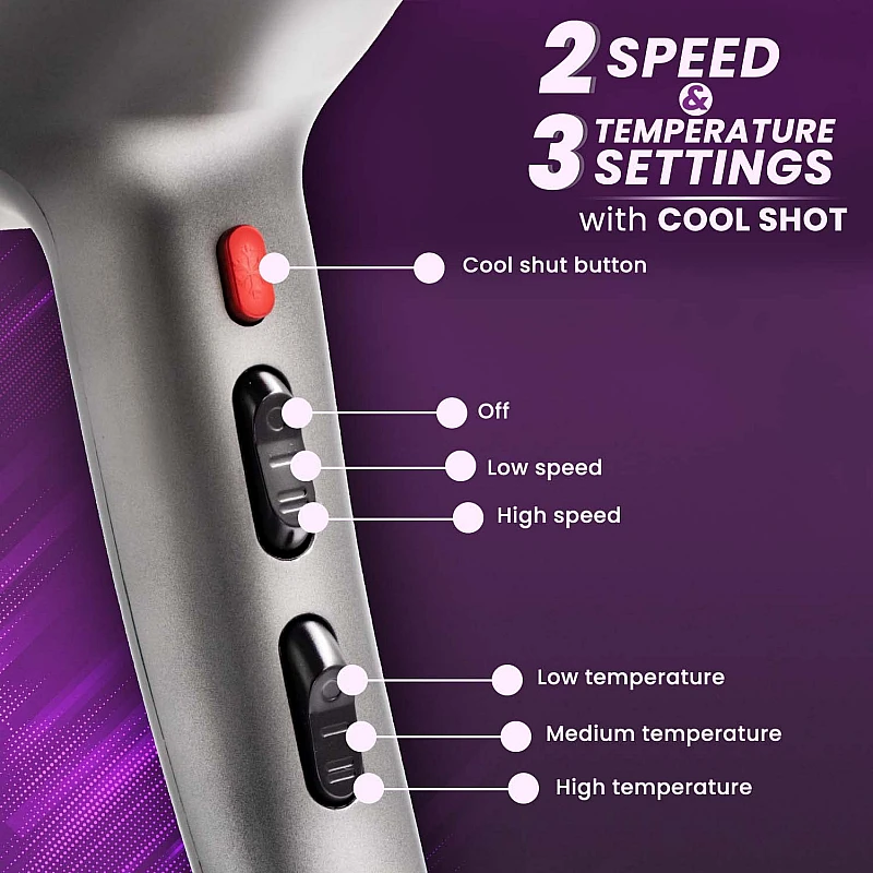 AGARO HD-1124 2400 Watts Professional Hair Dryer with AC Motor, 2 Concentrator Nozzle, Diffuser for Both Men and Women, Silver AGARO HD-1124 2400 Watts Professional Hair Dryer with AC Motor, 2 Concentrator Nozzle, Diffuser for Both Men and Women, Silver
