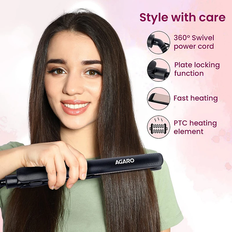 AGARO HS1907 Hair Straightner,Kerating Infused Ceramic Coated Plates Hair Straightening, For Women,Black AGARO HS1907 Hair Straightner,Kerating Infused Ceramic Coated Plates Hair Straightening, For Women,Black