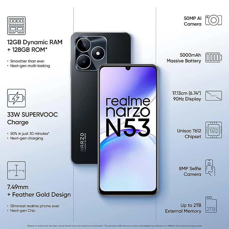 realme narzo N53 (Feather Black, 4GB RAM 64GB) Storage Refurbished