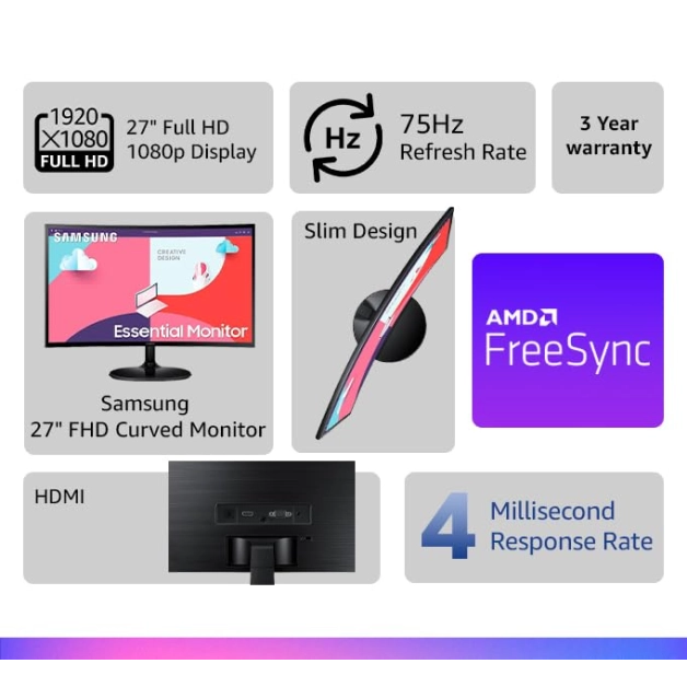 Samsung 27 inch (68.5 cm) Curved LED Backlit Computer Monitor - Full HD, VA Panel with VGA, HDMI, Audio Ports - LC27F390FHWXXL (Black) Samsung 27 inch (68.5 cm) Curved LED Backlit Computer Monitor - Full HD, VA Panel with VGA, HDMI, Audio Ports - LC27F390FHWXXL (Black)