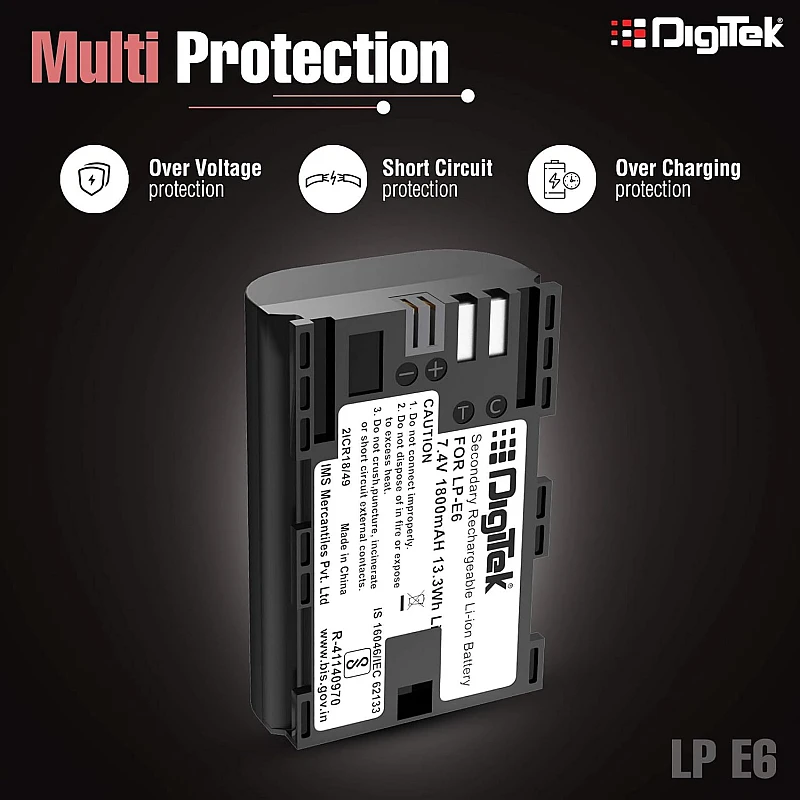 DIGITEK® (LP-E6) 1800 mAh Secondary Li-ion Rechargeable Battery for DSLR Camera EOS 5D Mark IV, EOS 5Ds, 5DS R, EOS 6D, EOS 6D Mark DIGITEK® (LP-E6) 1800 mAh Secondary Li-ion Rechargeable Battery for DSLR Camera EOS 5D Mark IV, EOS 5Ds, 5DS R, EOS 6D, EOS 6D Mark