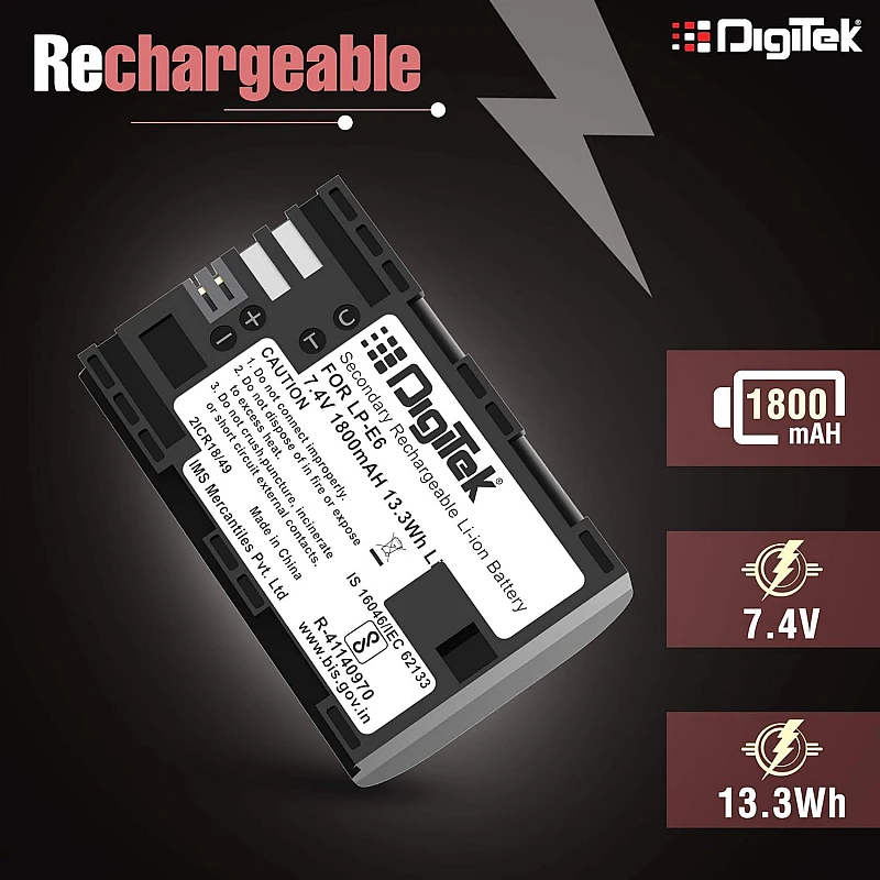 DIGITEK® (LP-E6) 1800 mAh Secondary Li-ion Rechargeable Battery for DSLR Camera EOS 5D Mark IV, EOS 5Ds, 5DS R, EOS 6D, EOS 6D Mark DIGITEK® (LP-E6) 1800 mAh Secondary Li-ion Rechargeable Battery for DSLR Camera EOS 5D Mark IV, EOS 5Ds, 5DS R, EOS 6D, EOS 6D Mark