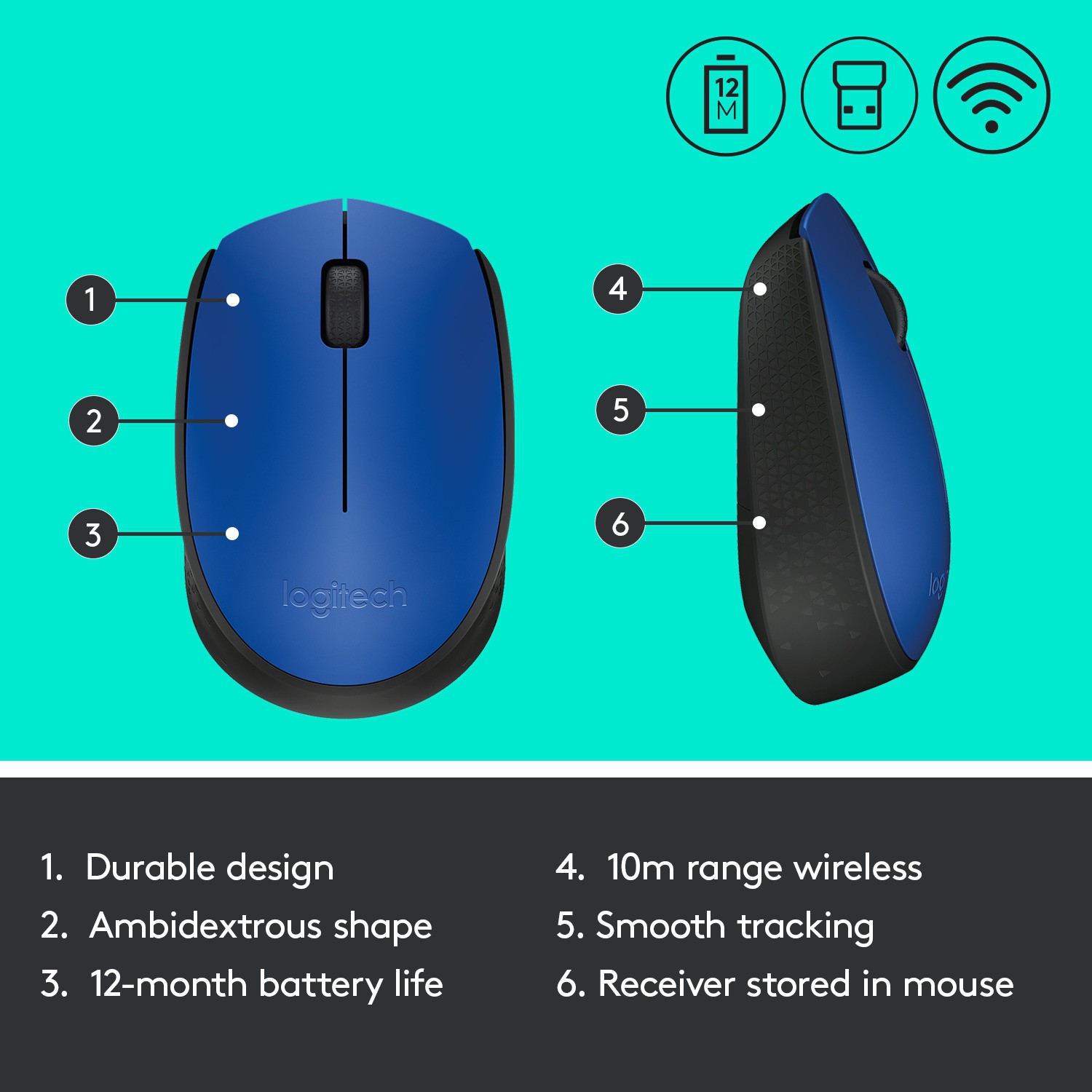  Logitech M171 Optical Tracking, Ambidextrous Wireless Optical Mouse (2.4GHz Wireless, Black, Blue)