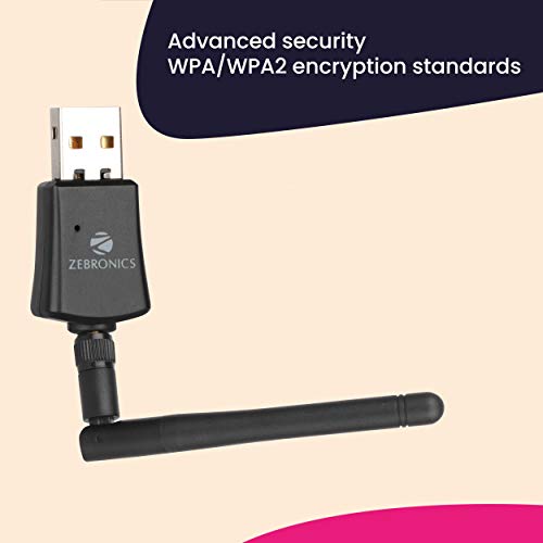 Zebronics ZEB-USB300WFD, 300Mbps WiFi USB Adapter with Advanced Security WPA/WPA2 encryption Standards, External Antenna (Black)