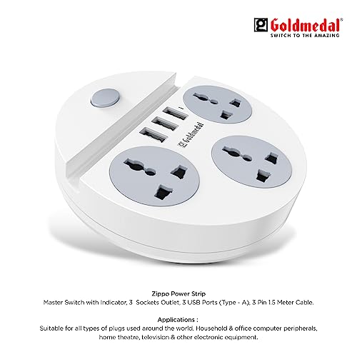 Goldmedal 360 Degree Power Strip (White) Pack Of 1, 6-Outlet International Sockets, 3-Pin 2 Meter Cable, Master Switch With Led Light Indicator And Overload Protector For Home & Office,240Volts