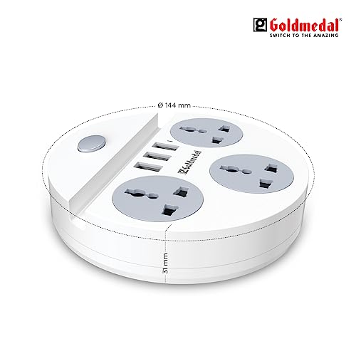 Goldmedal 360 Degree Power Strip (White) Pack Of 1, 6-Outlet International Sockets, 3-Pin 2 Meter Cable, Master Switch With Led Light Indicator And Overload Protector For Home & Office,240Volts