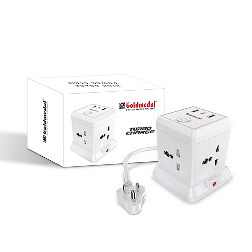 Goldmedal 360 Degree Power Strip (White) Pack Of 1, 6-Outlet International Sockets, 3-Pin 2 Meter Cable, Master Switch With Led Light Indicator And Overload Protector For Home & Office,240Volts