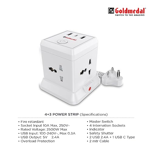 Goldmedal 360 Degree Power Strip (White) Pack Of 1, 6-Outlet International Sockets, 3-Pin 2 Meter Cable, Master Switch With Led Light Indicator And Overload Protector For Home & Office,240Volts