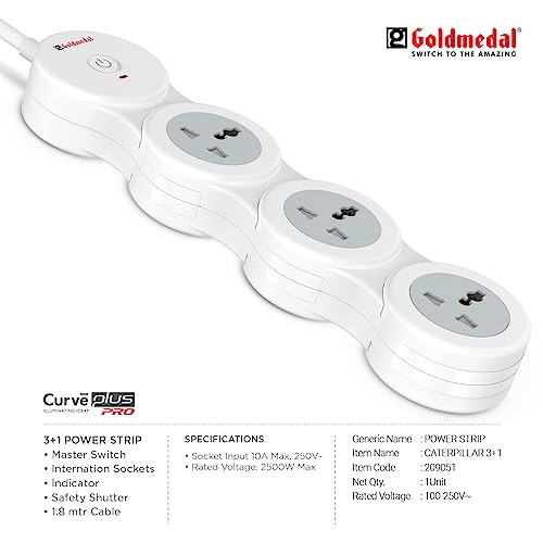 Goldmedal 360 Degree Power Strip (White) Pack Of 1, 6-Outlet International Sockets, 3-Pin 2 Meter Cable, Master Switch With Led Light Indicator And Overload Protector For Home & Office,240Volts