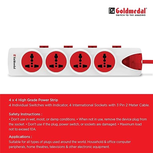 Goldmedal 360 Degree Power Strip (White) Pack Of 1, 6-Outlet International Sockets, 3-Pin 2 Meter Cable, Master Switch With Led Light Indicator And Overload Protector For Home & Office,240Volts