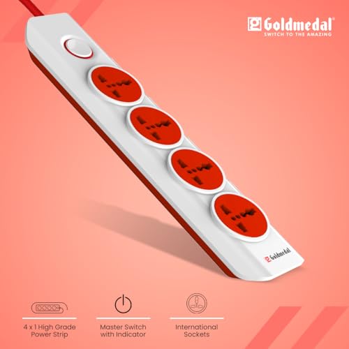 Goldmedal 360 Degree Power Strip (White) Pack Of 1, 6-Outlet International Sockets, 3-Pin 2 Meter Cable, Master Switch With Led Light Indicator And Overload Protector For Home & Office,240Volts