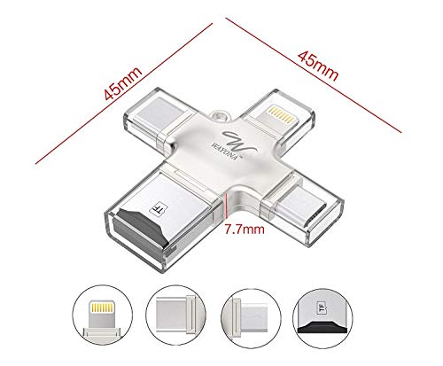 AIRTREE  4 in 1 OTG Card Reader Four Ports : Lightning + Type C + Micro USB + USB Card Reader - (NO Memory, Silver)