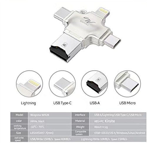 AIRTREE  4 in 1 OTG Card Reader Four Ports : Lightning + Type C + Micro USB + USB Card Reader - (NO Memory, Silver)