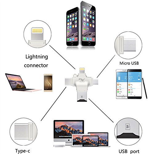 AIRTREE  4 in 1 OTG Card Reader Four Ports : Lightning + Type C + Micro USB + USB Card Reader - (NO Memory, Silver)