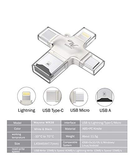 AIRTREE  4 in 1 OTG Card Reader Four Ports : Lightning + Type C + Micro USB + USB Card Reader - (NO Memory, Silver)