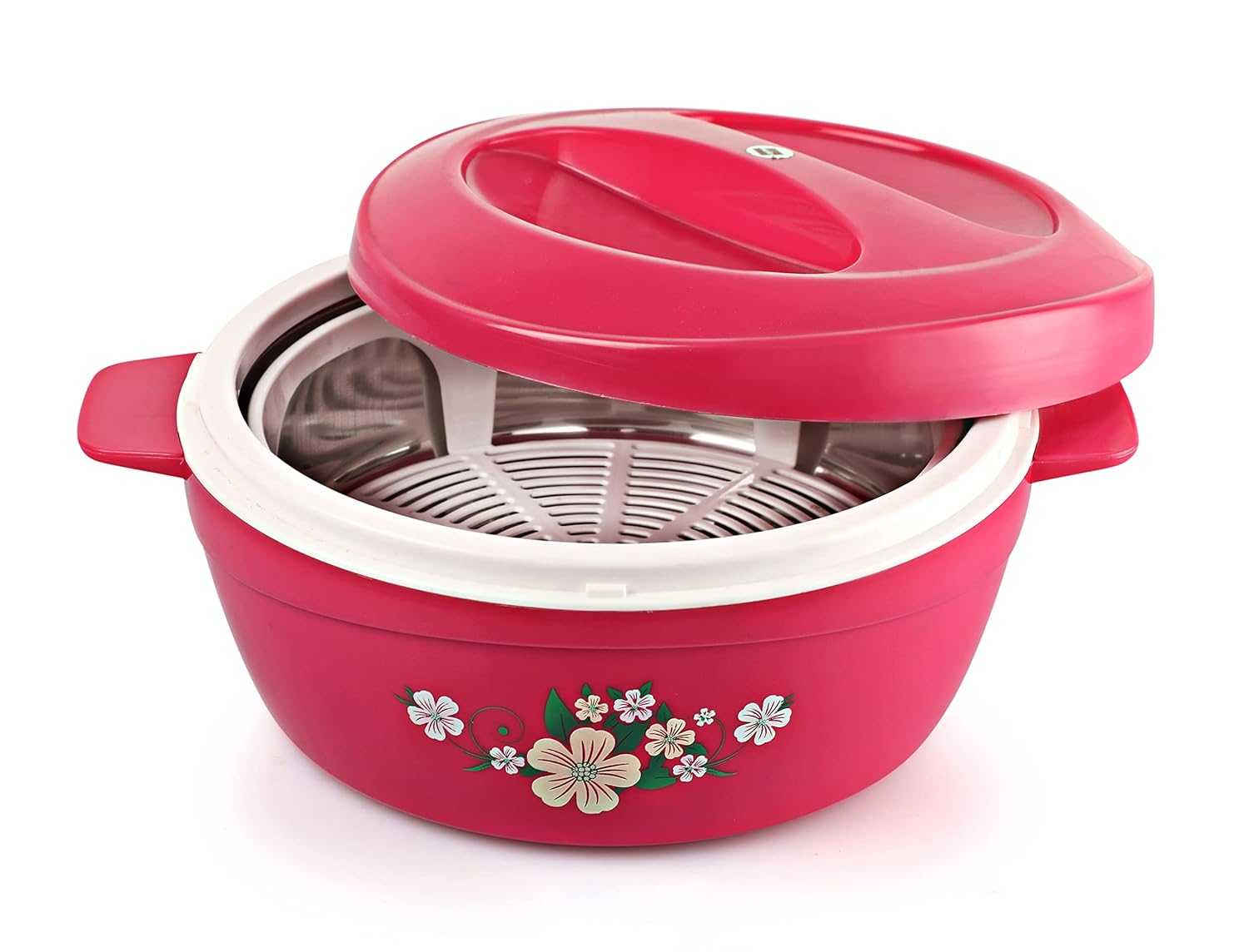 Cello Roti Plus Plastic Floral Casserole with Lid Locks in the cold & heat for long Casserole 2.5 L, Pink